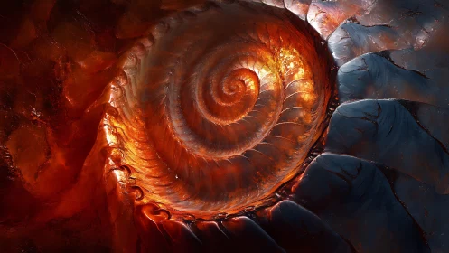 Molten cosmic nautilus swirling in ember-lit abyssal stone.