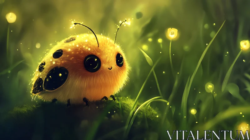 Glowing fluffy ladybug creature in luminescent meadow at dusk.