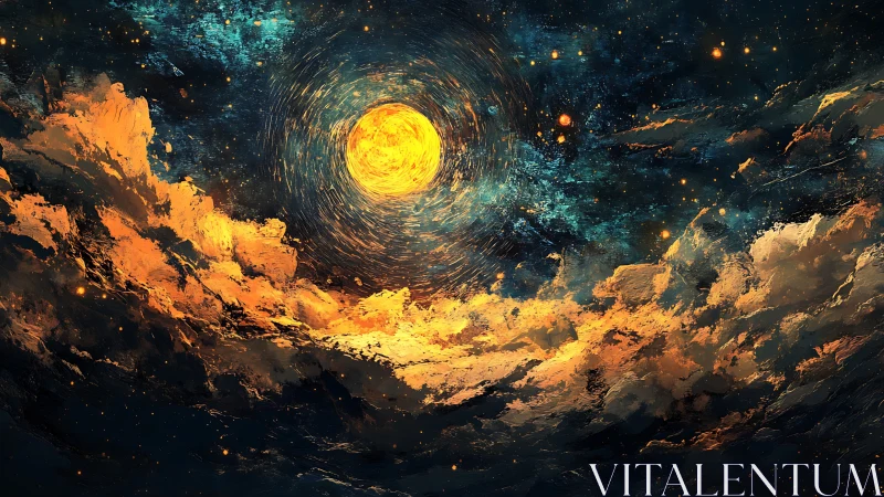 Turbulent nebular clouds orbiting radiant stellar vortex.