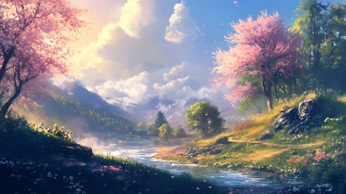 Spring river valley landscape shows blooming trees and clouds