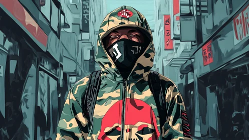 Urban masked figure in camo hoodie dominates neon alley.