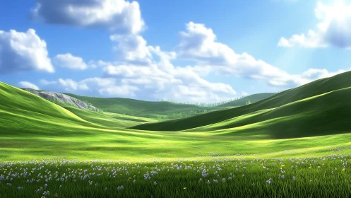Rolling green hills glow softly under a bright spring sky