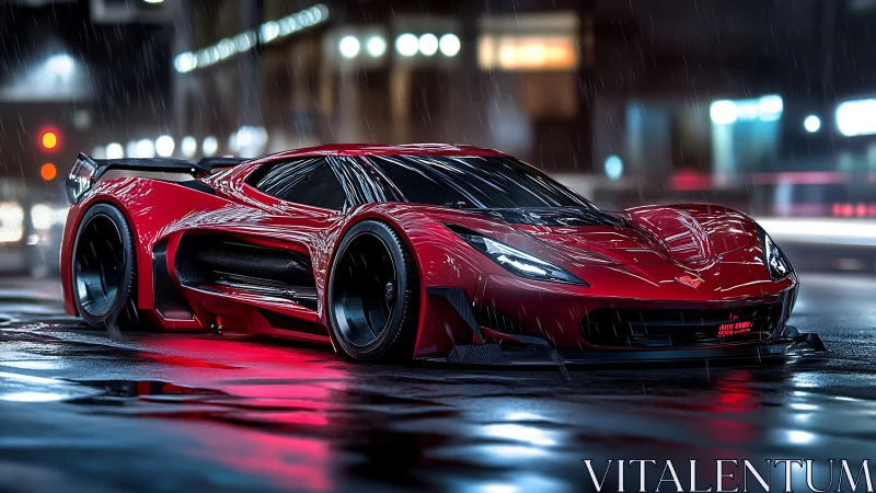 Red hypercar on wet neon city street at night in rain.