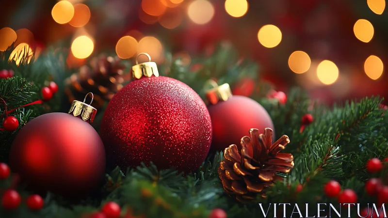 Red Christmas ornaments glow amid evergreen bokeh lights.