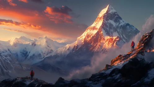 Sunlit alpine peak with mountaineers on opposing rocky ridges