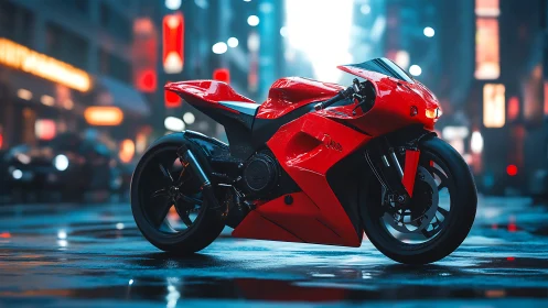 Hyperreal red superbike stands in rain-soaked neon city street