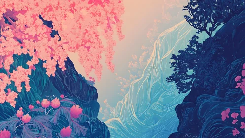 Chromatic landscape with stylized flora and central void.