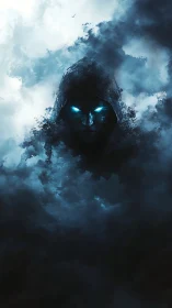 Stormborn wraith peers through thunderclouds with neon eyes