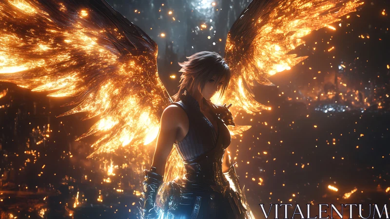 Winged ember guardian in a shimmering fantasy inferno.