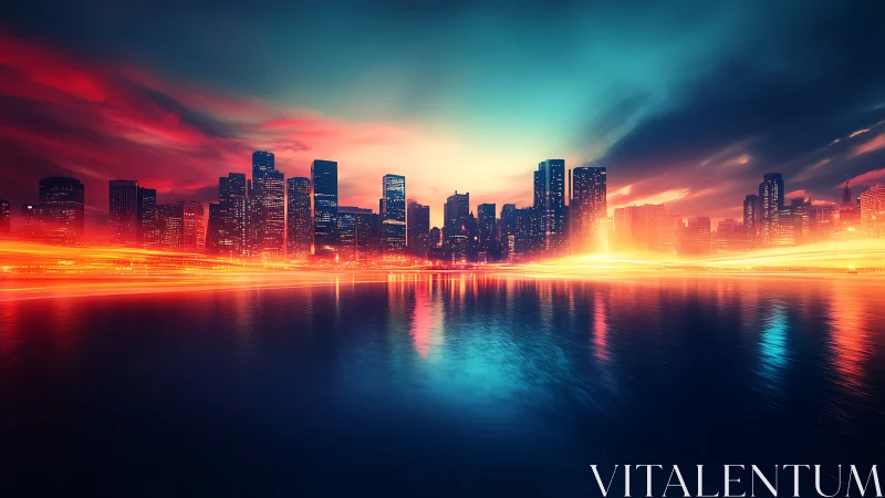 Long-exposure neon skyline with dynamic light trails over water