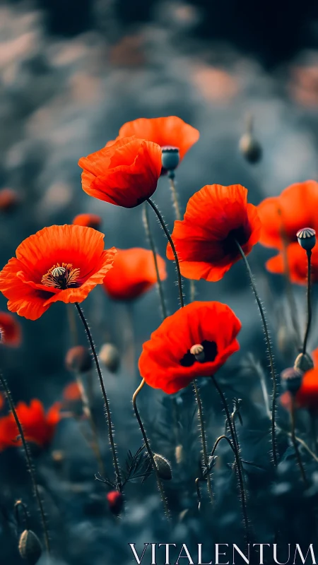 Vibrant Red Poppies Swaying Against Dreamy Blue Background