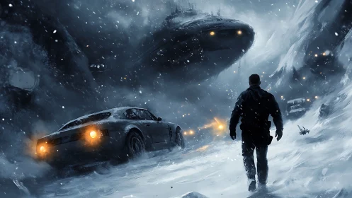 Man confronts hovering craft in snowy mountain ambush.