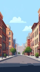 Sunlit empty city street with warm-toned brownstones.