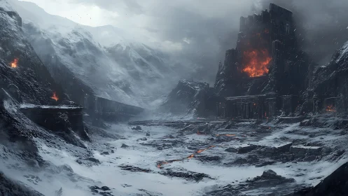 Burning fortress dominates frozen volcanic ravine. Period.