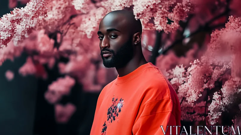Portrait of man in orange sweatshirt among pink blossoms.
