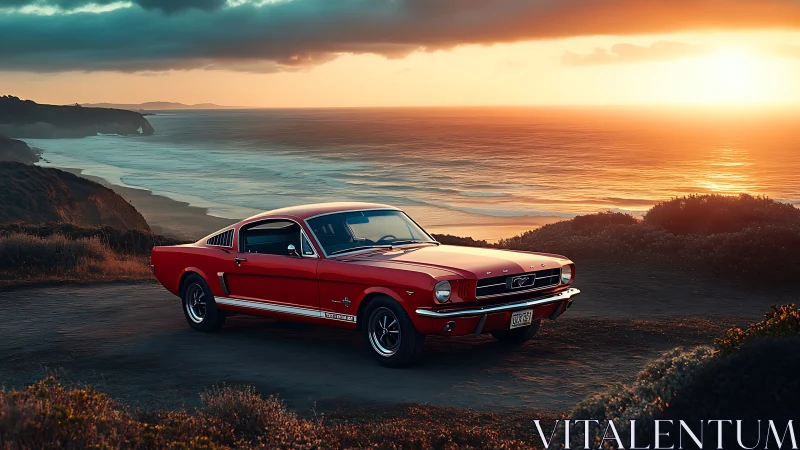 Red classic Mustang coupe in cinematic sunset coastal light.