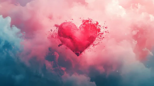 Explosive Heart Form in Pink Gradient Clouds with Particle Dispersion Effect