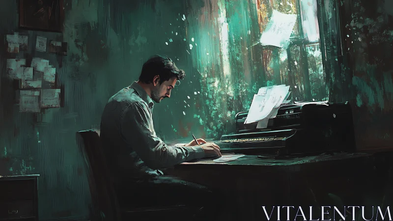 Moody composer sketching melodies in teal drenched solitude.
