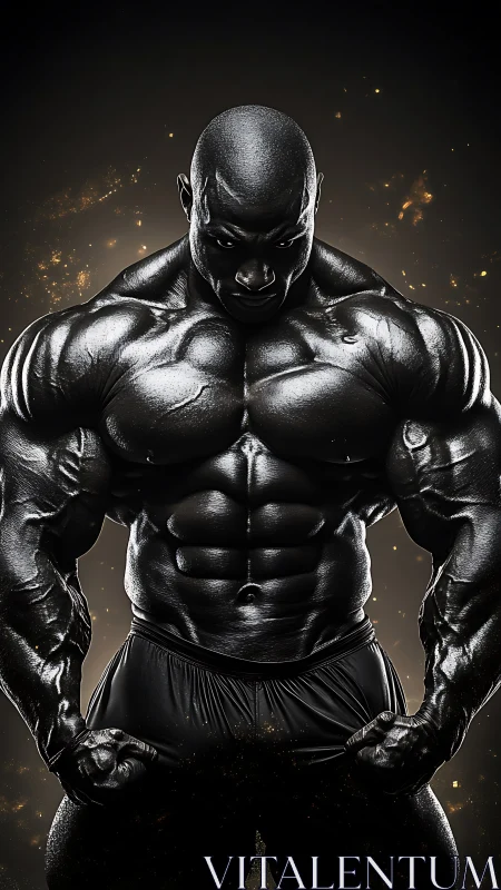 Digital bodybuilder sculpture under dramatic rim light.