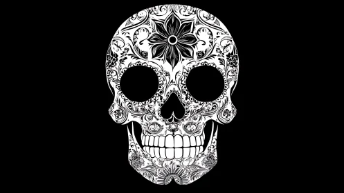 Ornamental vector skull with symmetrical floral engraving motifs.