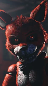 Cinematic render of red animatronic fox with dramatic rim lighting