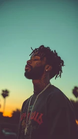 Twilight portrait of contemplative man in golden hour glow.