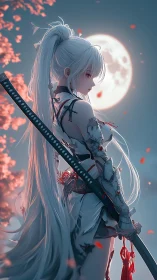 Silver-haired sword warrior stands under full moon glow