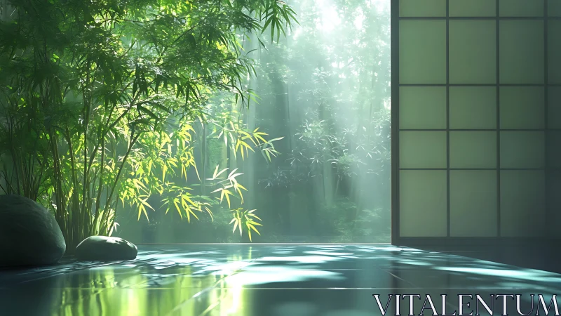 Soft volumetric light enters zen room overlooking bamboo grove