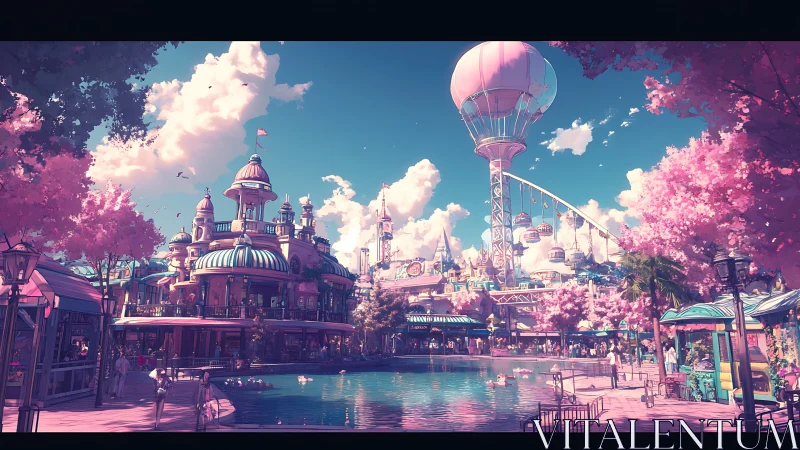 Pastel dream amusement park surrounds tranquil lagoon.