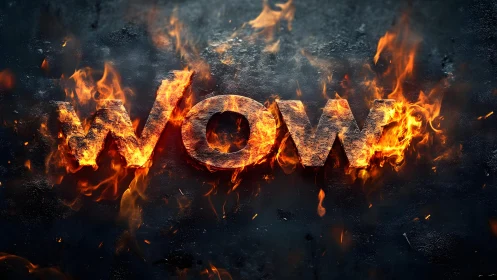 Bold “WOW” Text Ablaze with Realistic Flames on Dark Background.