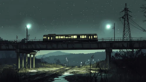 Night suburban train crossing elevated rail bridge scene.