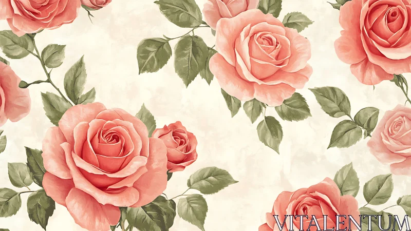 Pink Roses with Green Foliage on Cream Background.