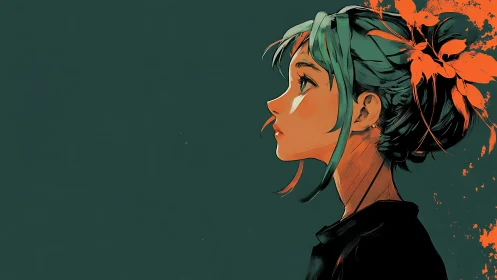 Profile portrait of teal-haired girl with orange floral ink.