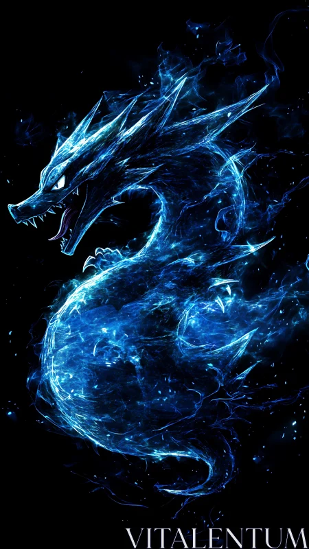 Glowing electric blue dragon silhouette on black background.