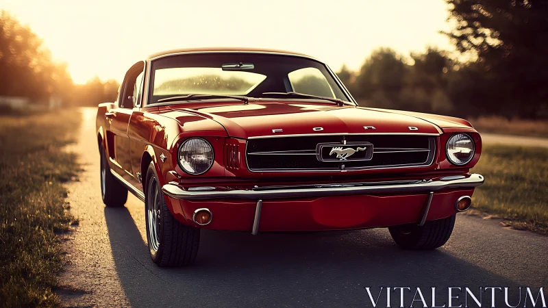 Red classic Ford Mustang is parked on a rural roadway