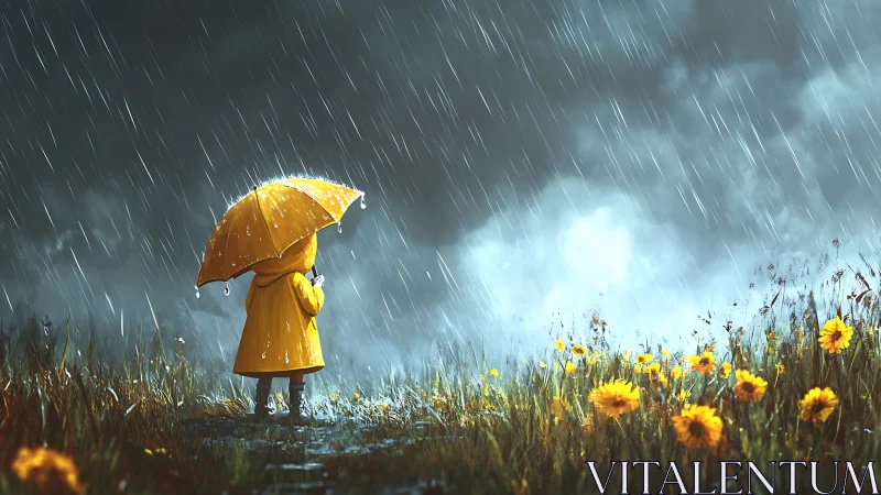 Child in yellow raincoat with umbrella in storm over wildflowers
