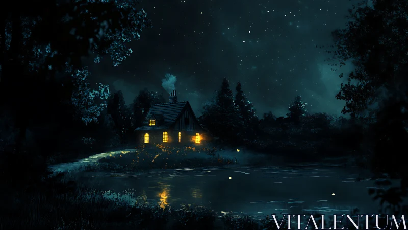 Cozy lakeside cottage glowing softly under the starlit sky.