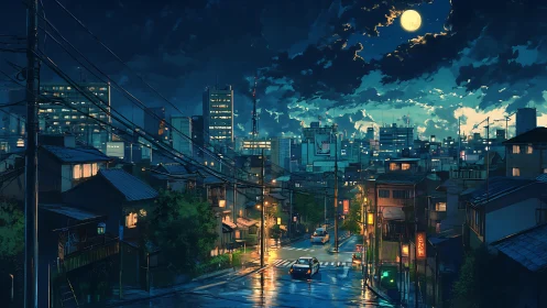 Nighttime city street shows wet asphalt and glowing skyline