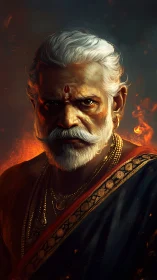 Older man in traditional attire stands before glowing embers