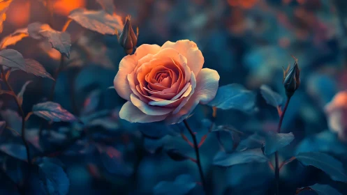 Orange hybrid rose illuminated through differential color grading with tonal separation