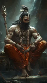 Warrior sage sharpens silence beneath stormlit temple air