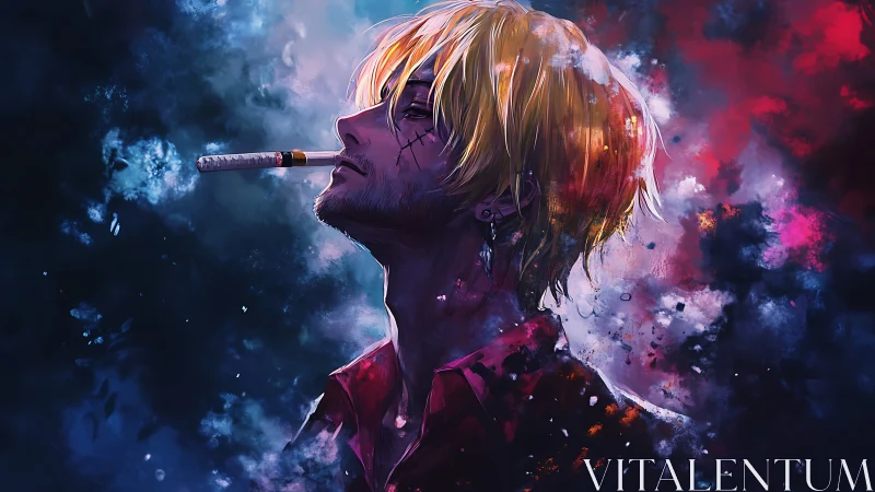 Moody blond smoker leans back in a storm of cosmic color