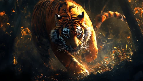Predatory tiger stalks through burning amber forest light.