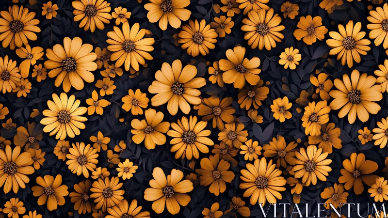 Golden Daisy Composition: Layered Floral Arrangement on Deep Navy Background