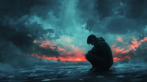 Solitary figure kneels beneath storm-lit teal and crimson sky