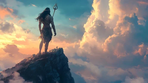 Storm bearer surveys a cloud crowned summit at daybreak.