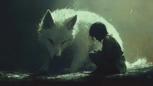 White wolf and child resting together in dim green light.