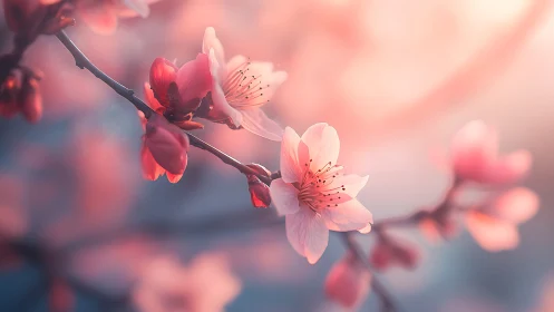Delicate spring blossoms bathed in warm pink morning light