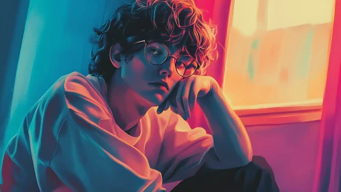 Seated youth in glasses near window under vivid lighting.