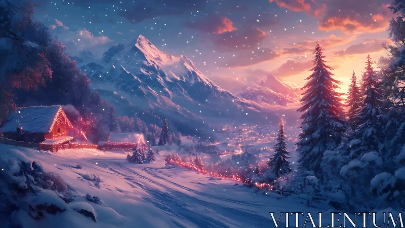 Mountain valley winter landscape with cabin and village lights.